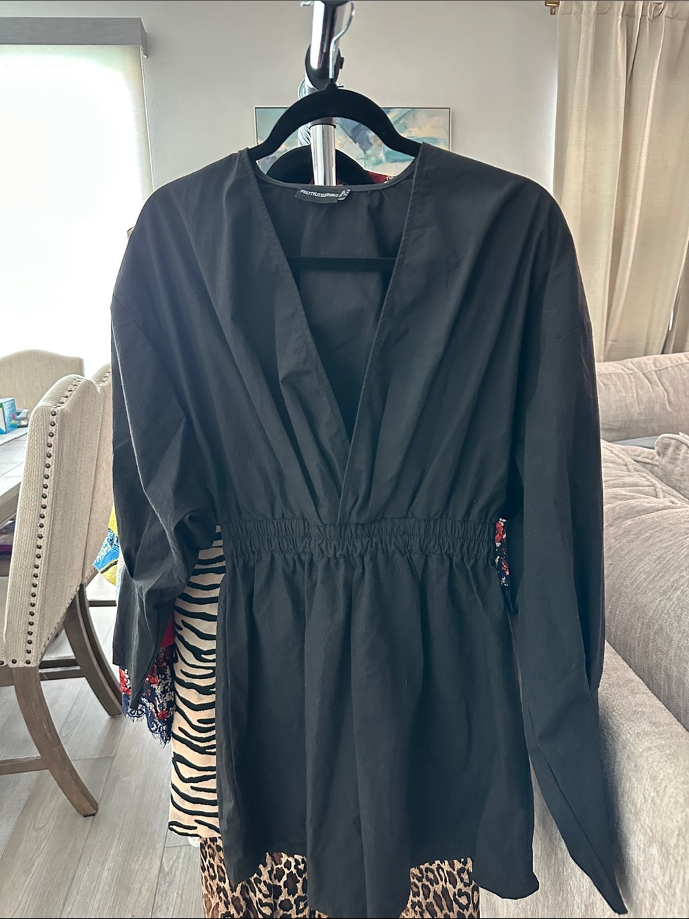 PrettyLittleThing Black Long Sleeve V-Neck Elastic Waist Dress
